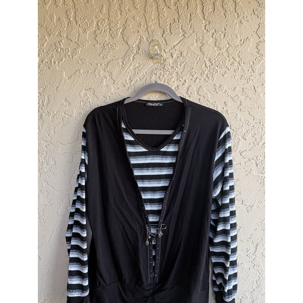 FreeDa Black & White Silver Sparkle Striped Whimsygoth Womans Large Shirt Charms - Picture 6 of 9